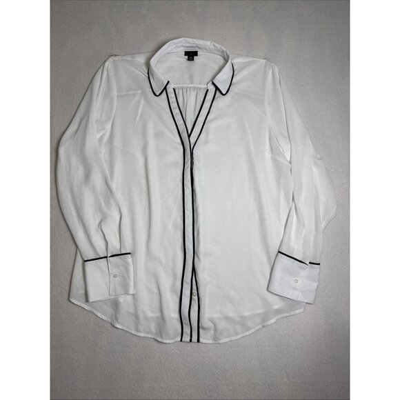 Worthington Women’s Size XXL Long Sleeve White Sheer Black Trim Button Up Blouse - Picture 1 of 7